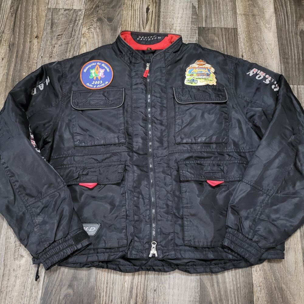 Harley Davidson Mens Bomber Jacket Y2k Eagle Patch Black Nylon OCC Size XL